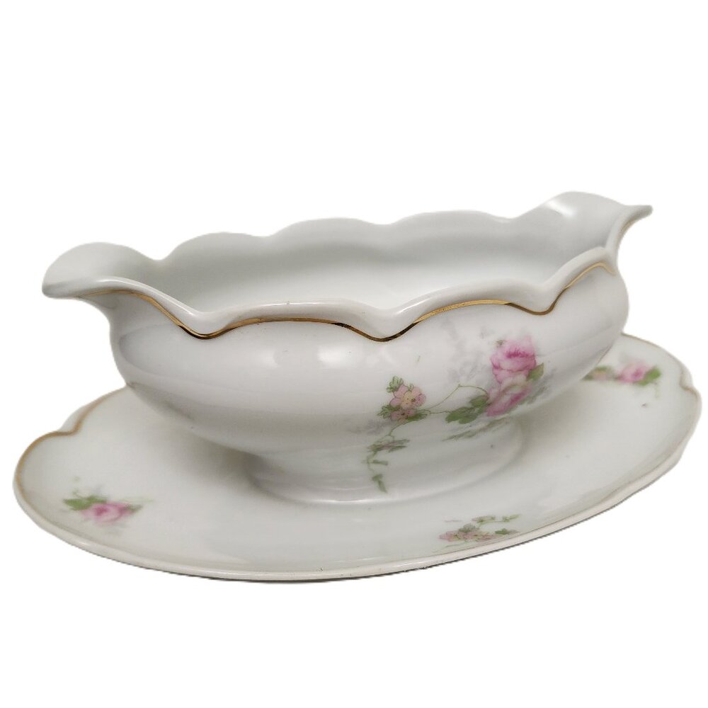 Austrian Carlsbad Handpaint Gold Leaf Gravy Boat  w/Attachd Underplate Antique